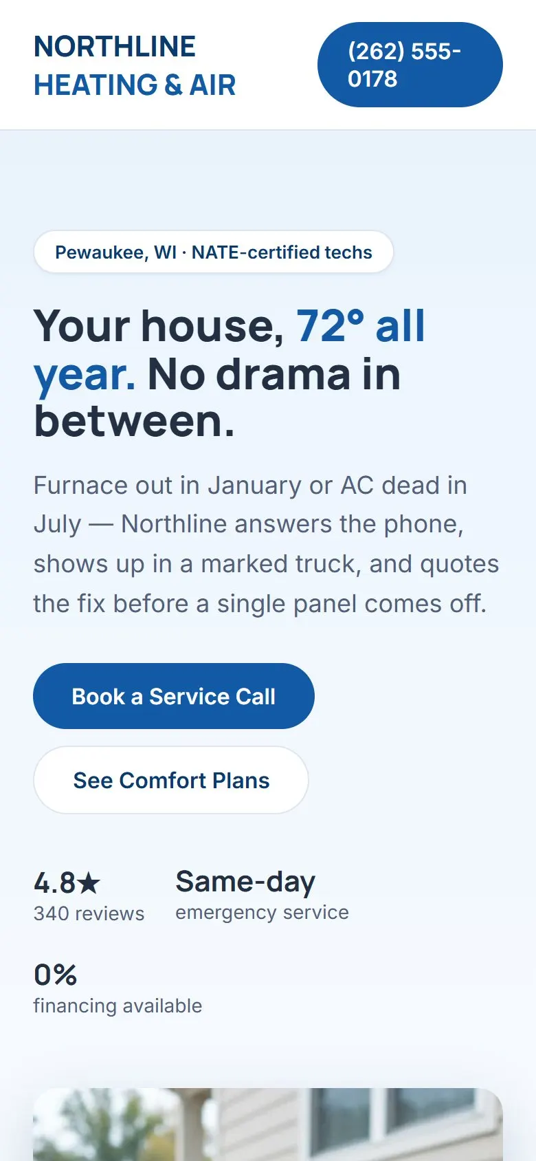 Sample build: Northline Heating & Air, an HVAC company website, on a phone