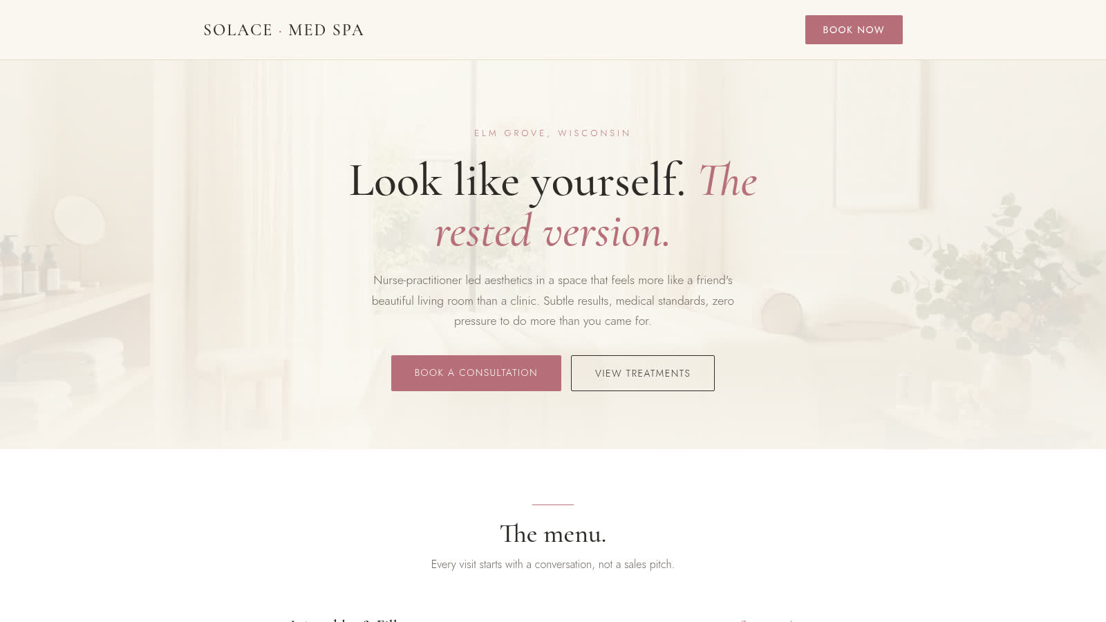 Sample build — Solace Aesthetics, a med spa website