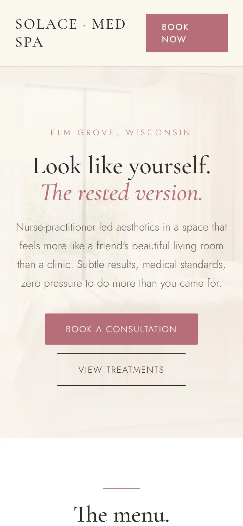 Sample build: Solace Aesthetics, a med spa website, on a phone