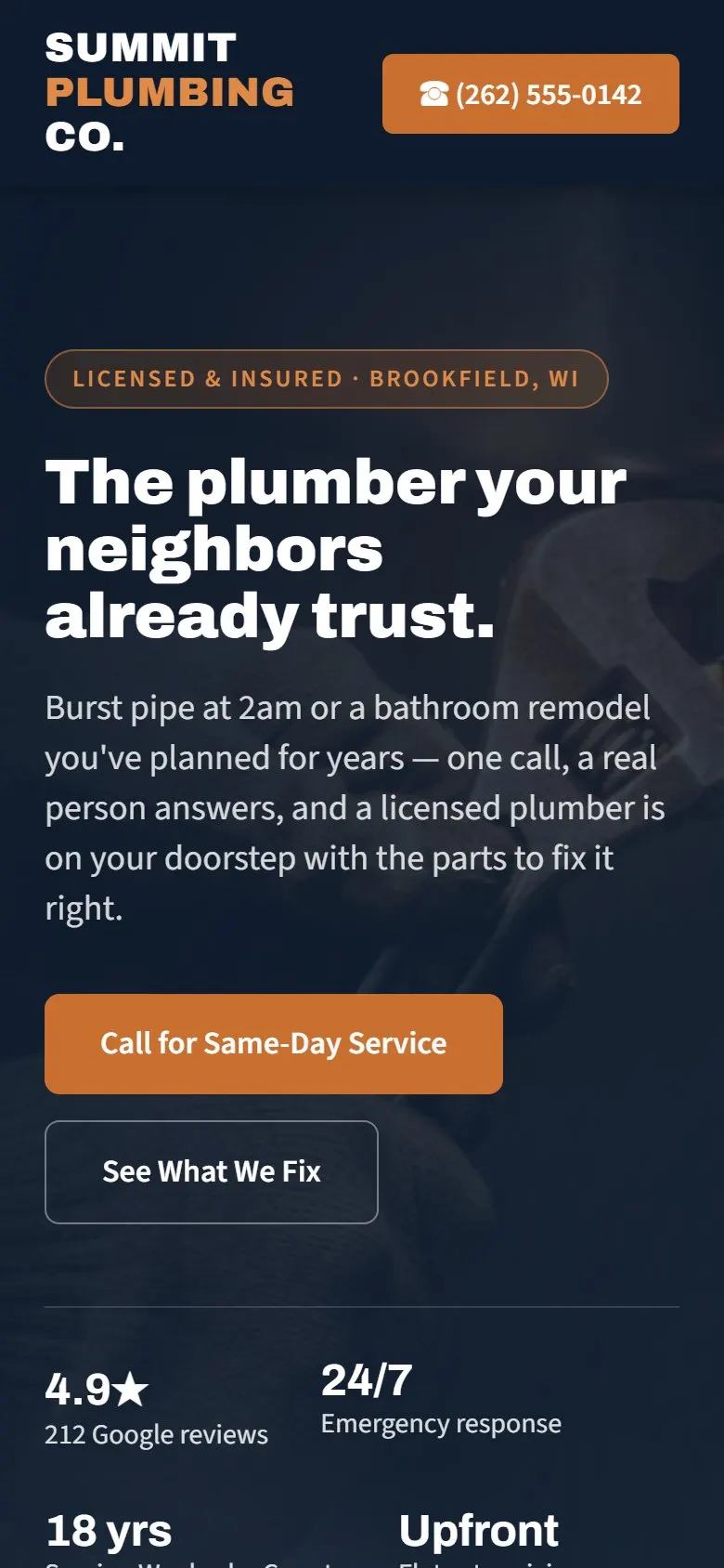 Sample build: Summit Plumbing Co., a plumbing company website, on a phone