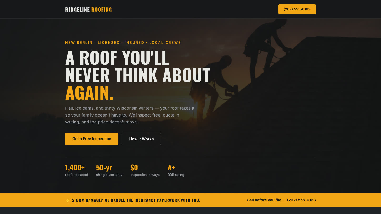Sample build — Ridgeline Roofing, a roofing company website