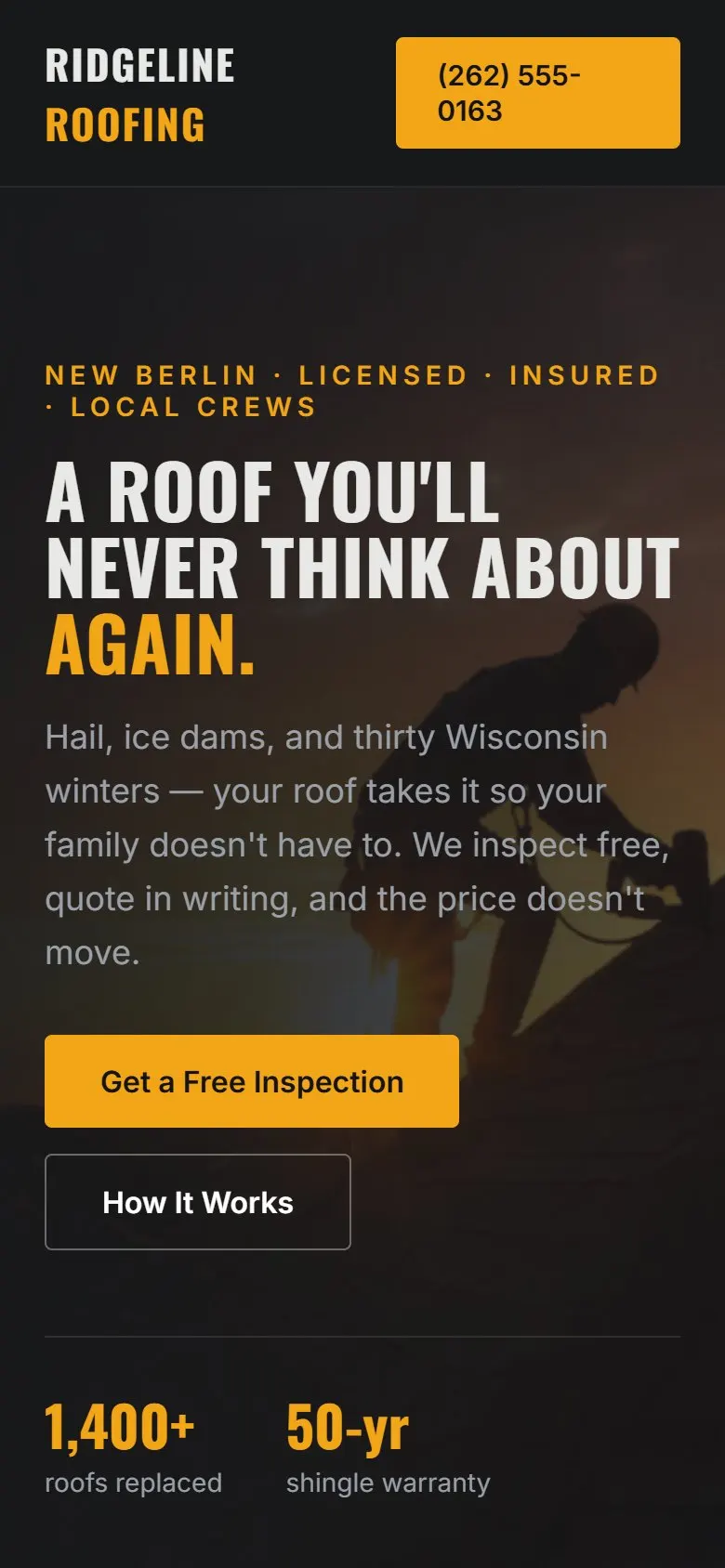 Sample build: Ridgeline Roofing, a roofing company website, on a phone