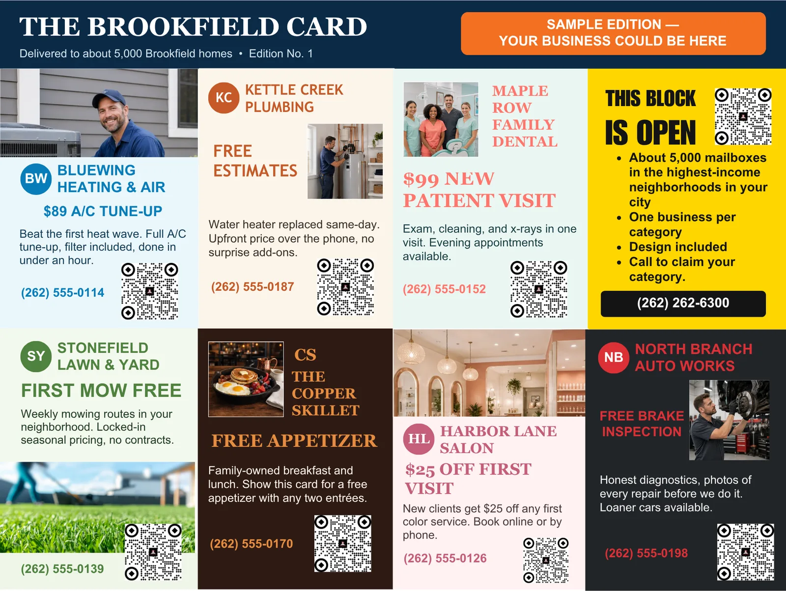 Sample edition of the New Berlin card: a 9 by 12 glossy card with one local business per block, each with its own offer, phone number, and tracked QR code, and one open block reading "This block is open".