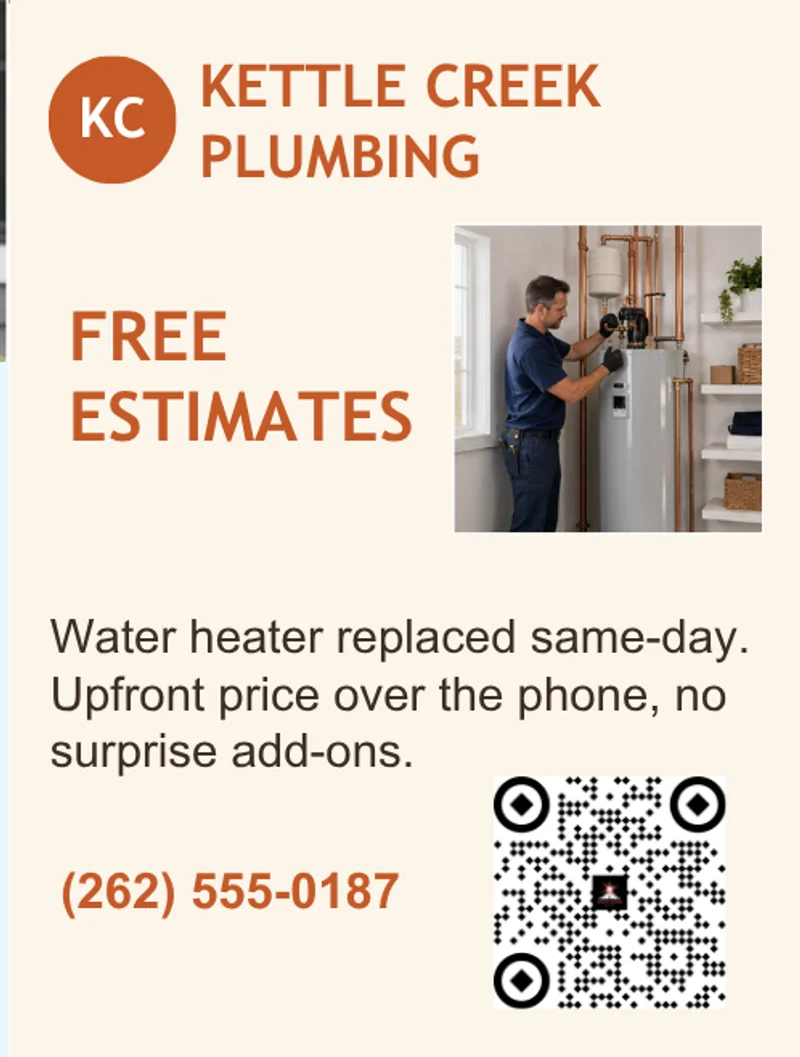 One sample 3 by 4 inch block from the card: a plumbing company logo, the headline "Free estimates", a photo, a two-line offer, a phone number, and a tracked QR code.